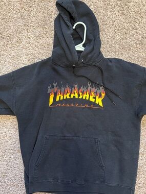 Thrasher Black Hoodie with Yellow and Red Flame Logo